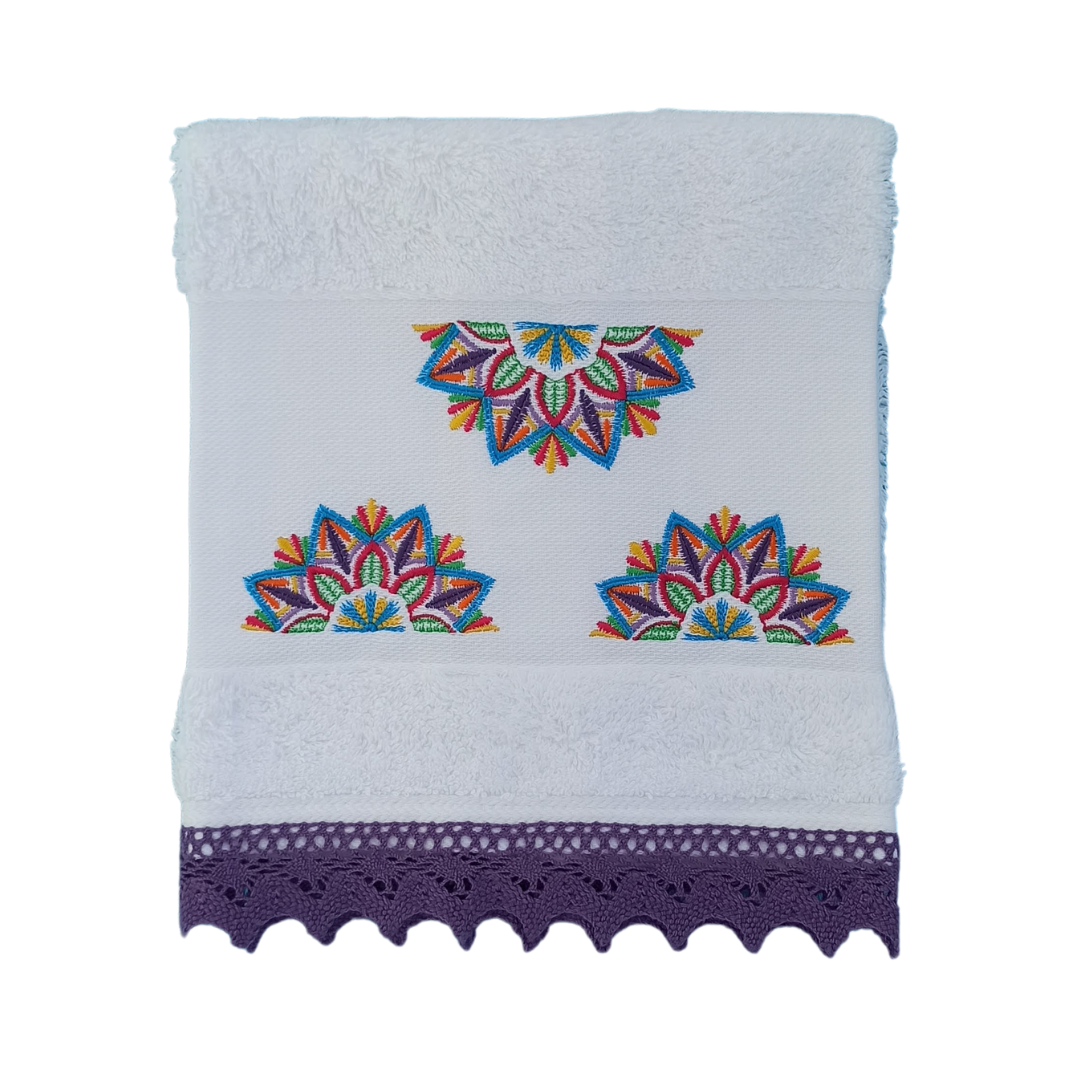 White Terry Towel with Mandala Embroidery and Lace Trim