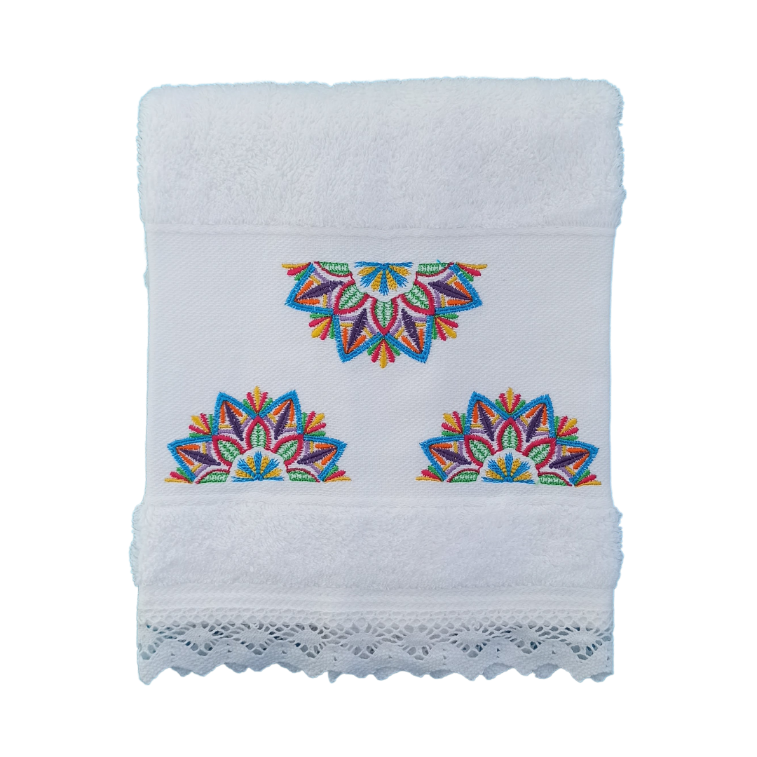 White Terry Towel with Mandala Embroidery and Lace Trim
