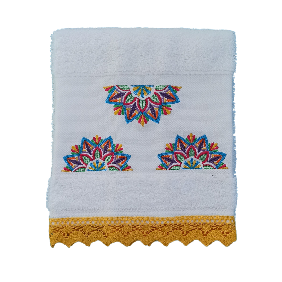 White Terry Towel with Mandala Embroidery and Lace Trim