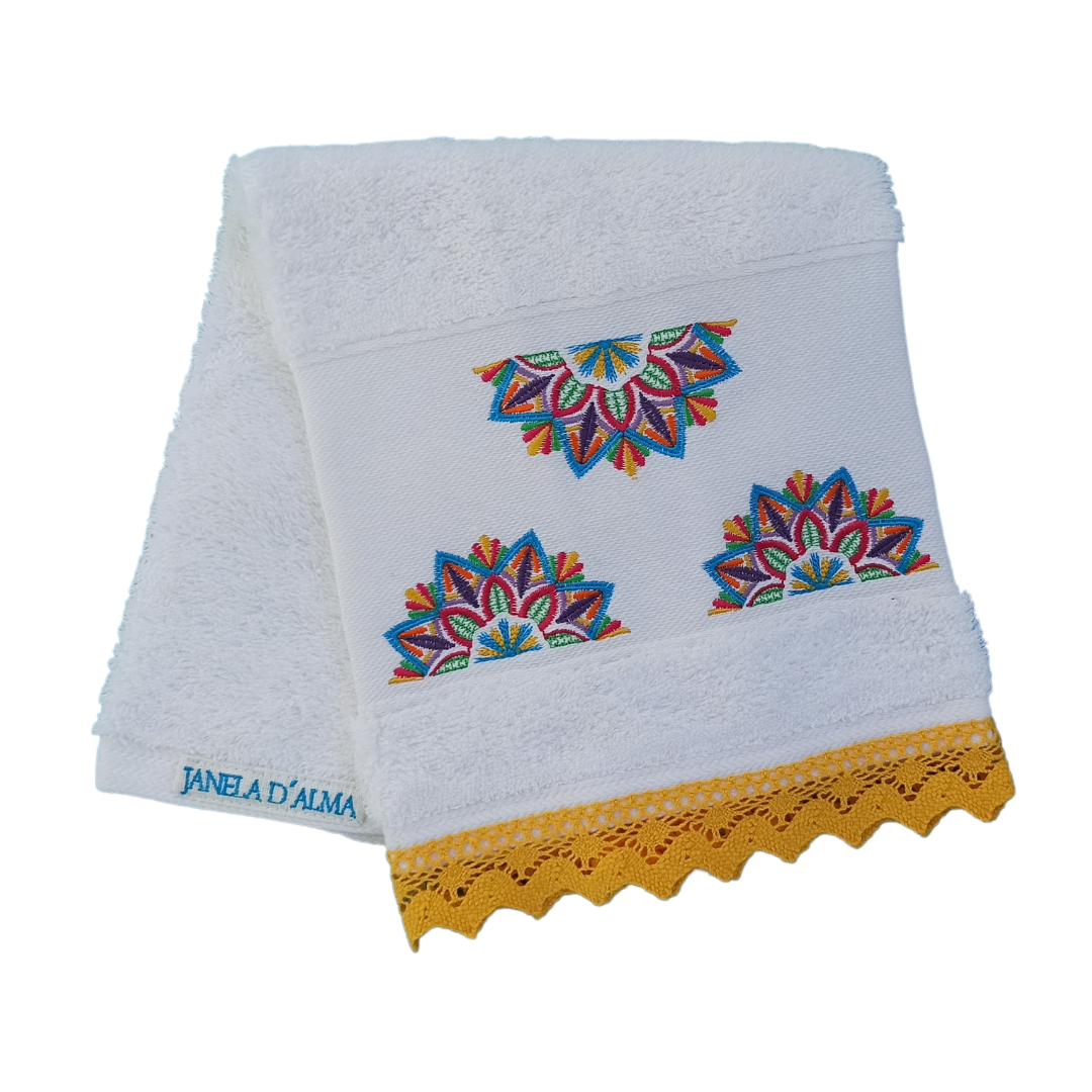 White Terry Towel with Mandala Embroidery and Lace Trim