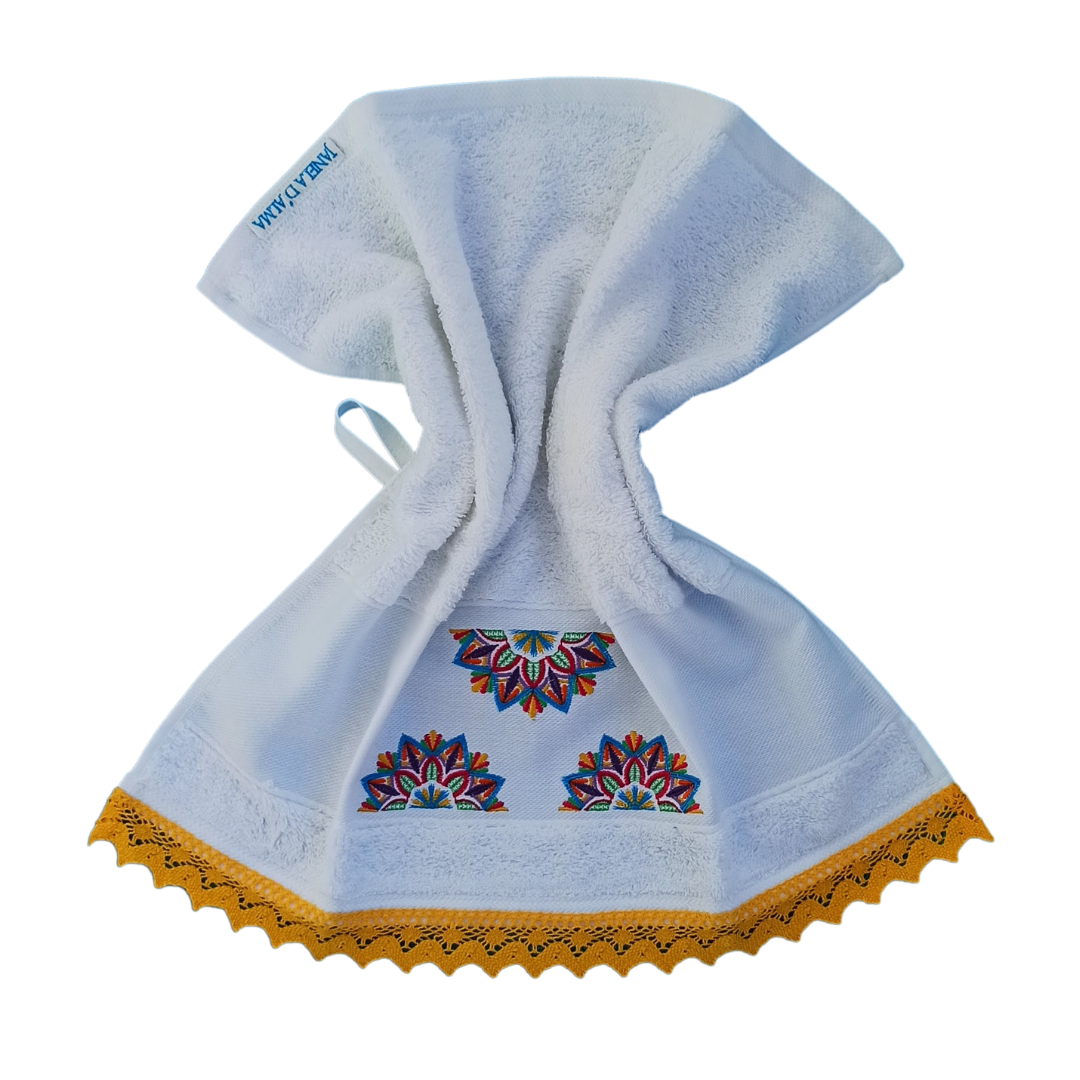 White Terry Towel with Mandala Embroidery and Lace Trim