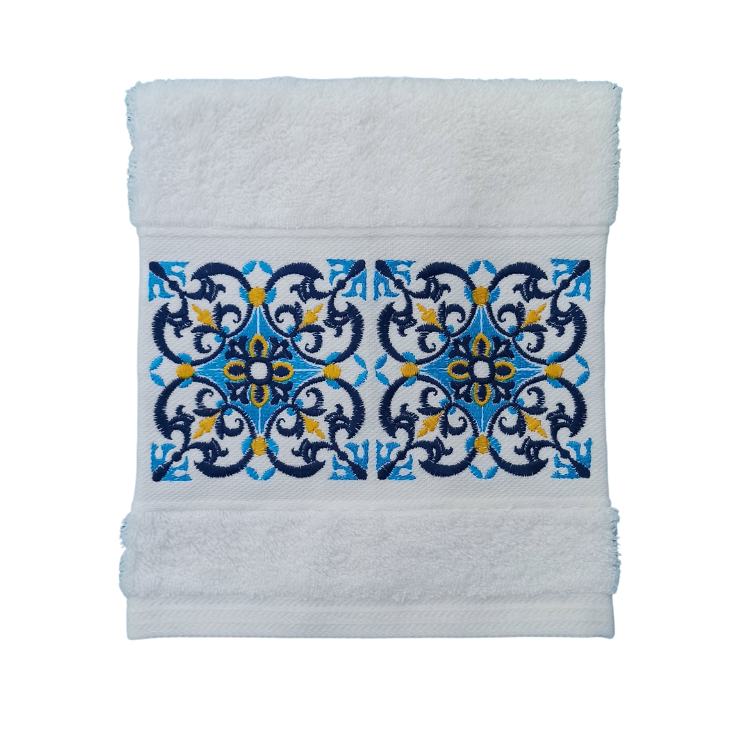 White Terry Towel with Tile Embroidery
