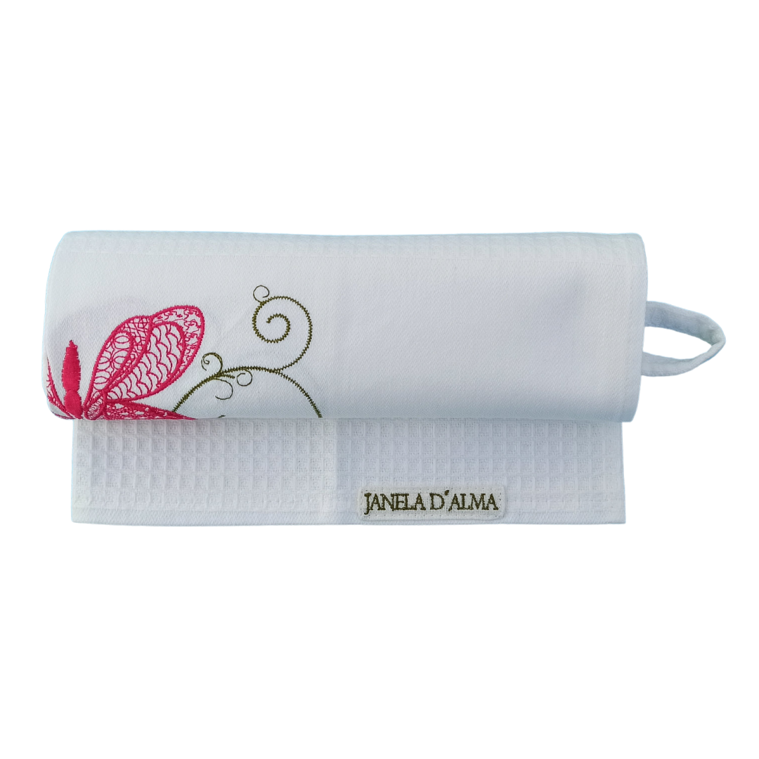 White Tea Towel with Butterfly Embroidery
