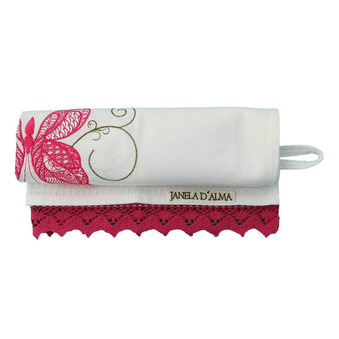 White Tea Towel with Butterfly Embroidery and Lace Trim