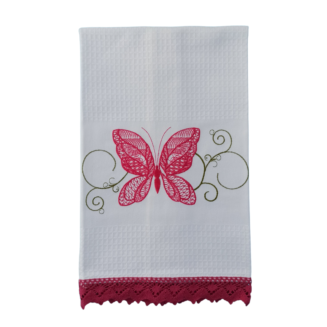 White Tea Towel with Butterfly Embroidery and Lace Trim