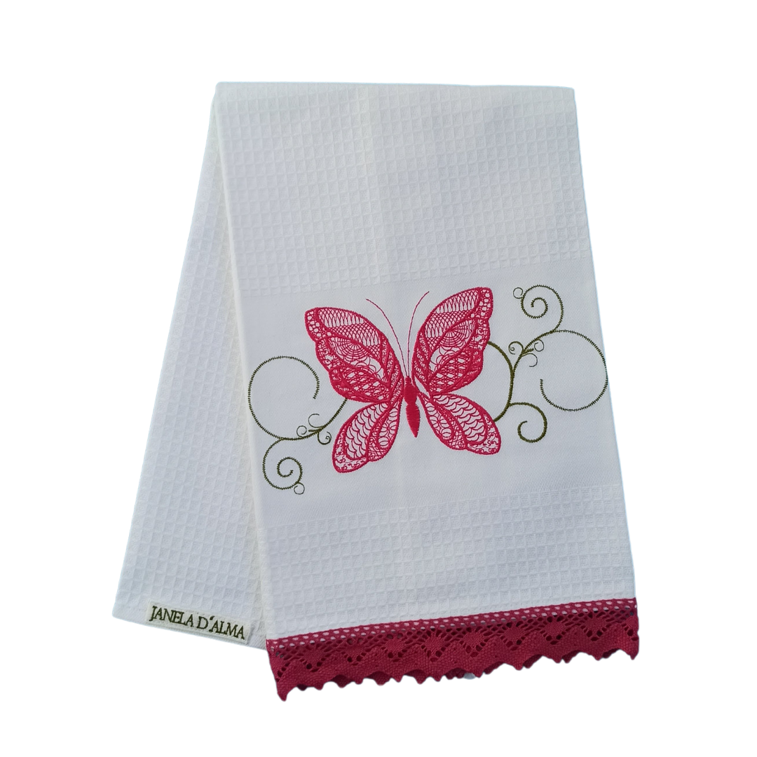 White Tea Towel with Butterfly Embroidery and Lace Trim