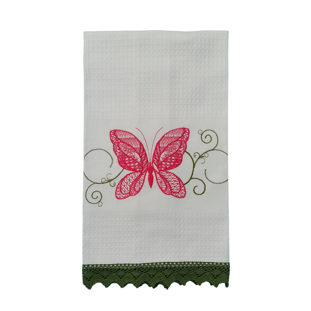 White Tea Towel with Butterfly Embroidery and Lace Trim