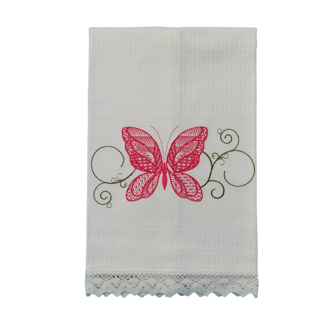 White Tea Towel with Butterfly Embroidery and Lace Trim