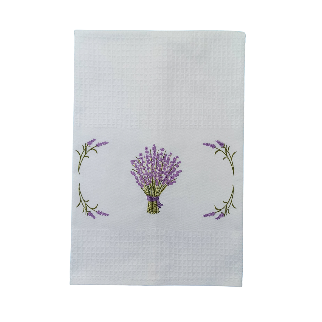 White Tea Towel with Lavender Embroidery
