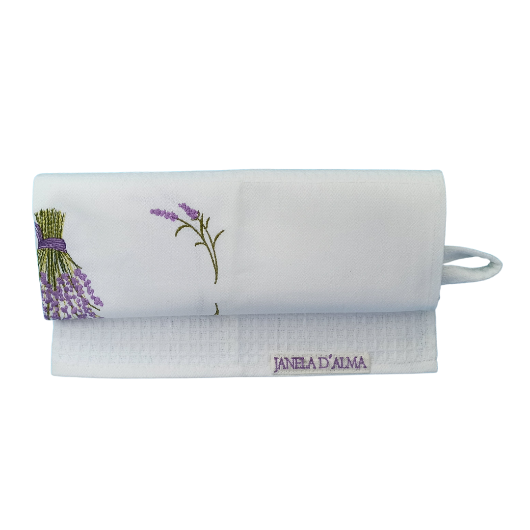 White Tea Towel with Lavender Embroidery