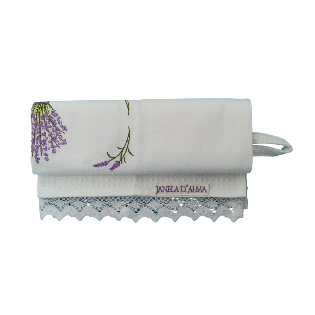 White Tea Towel with Lavender Embroidery and Lace Trim
