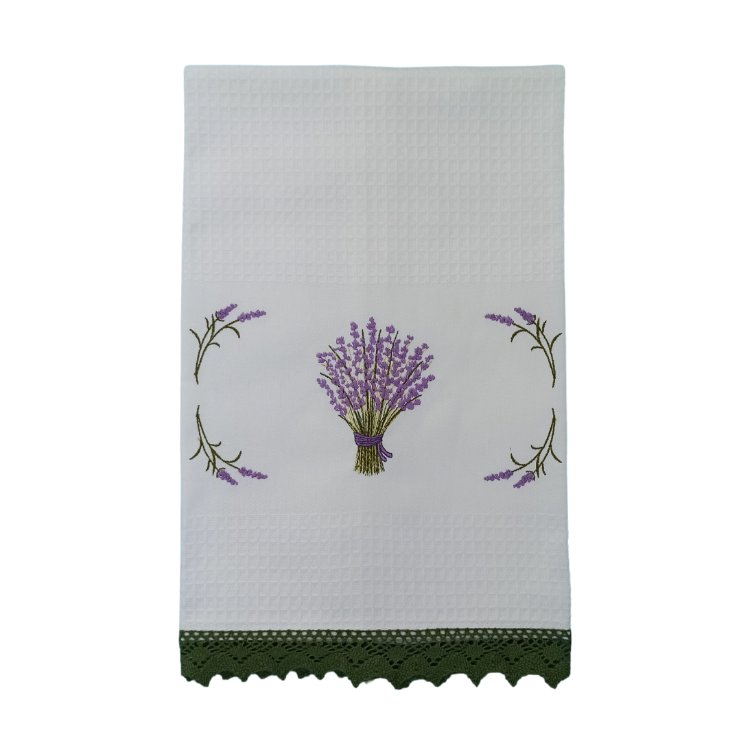 White Tea Towel with Lavender Embroidery and Lace Trim