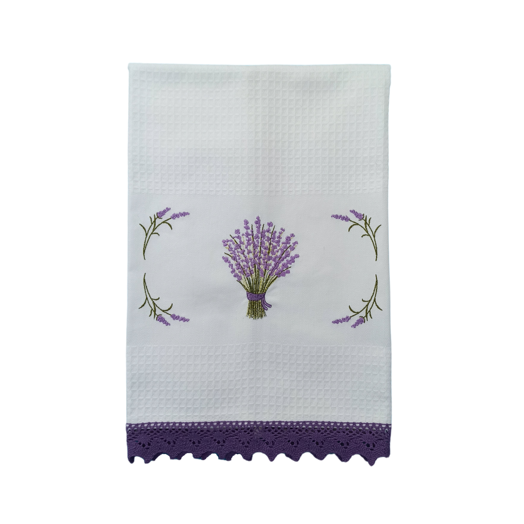 White Tea Towel with Lavender Embroidery and Lace Trim
