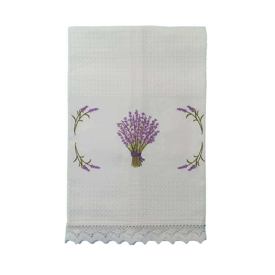 White Tea Towel with Lavender Embroidery and Lace Trim