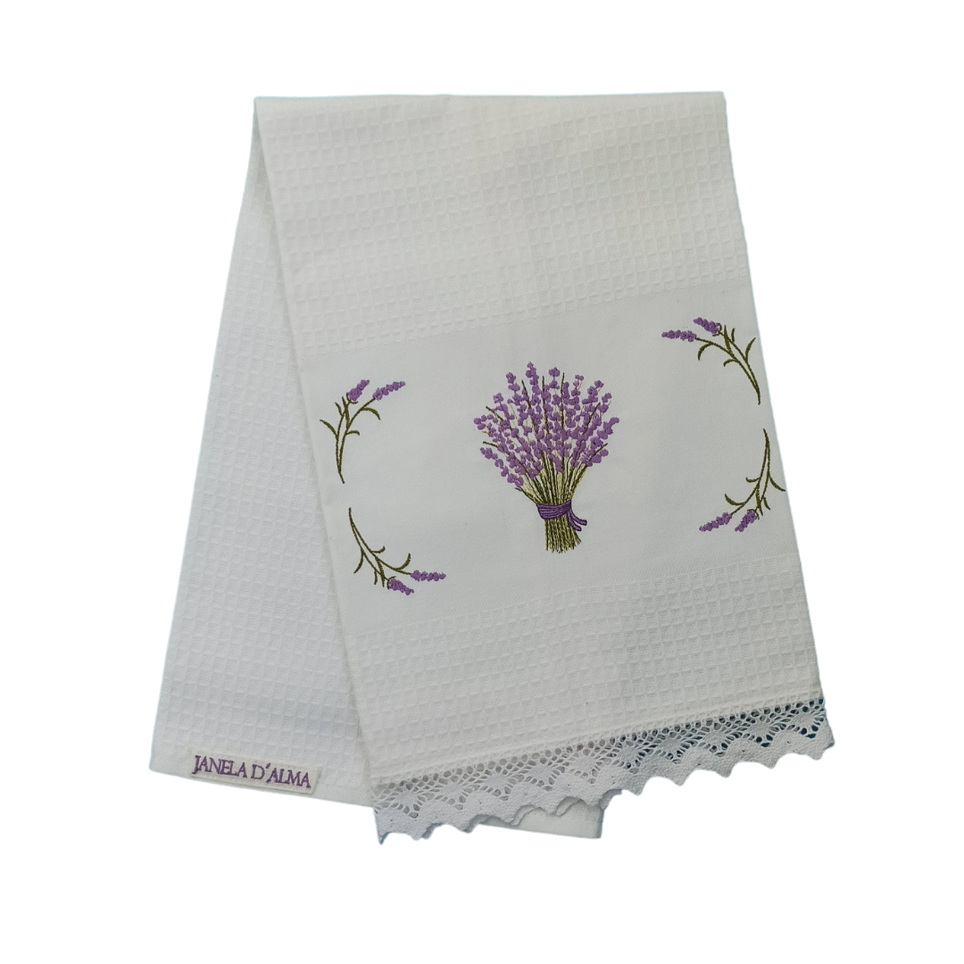 White Tea Towel with Lavender Embroidery and Lace Trim