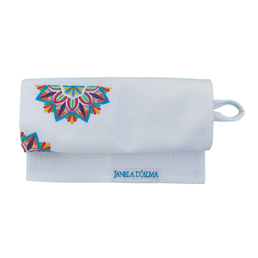 White Tea Towel with Mandala Embroidery