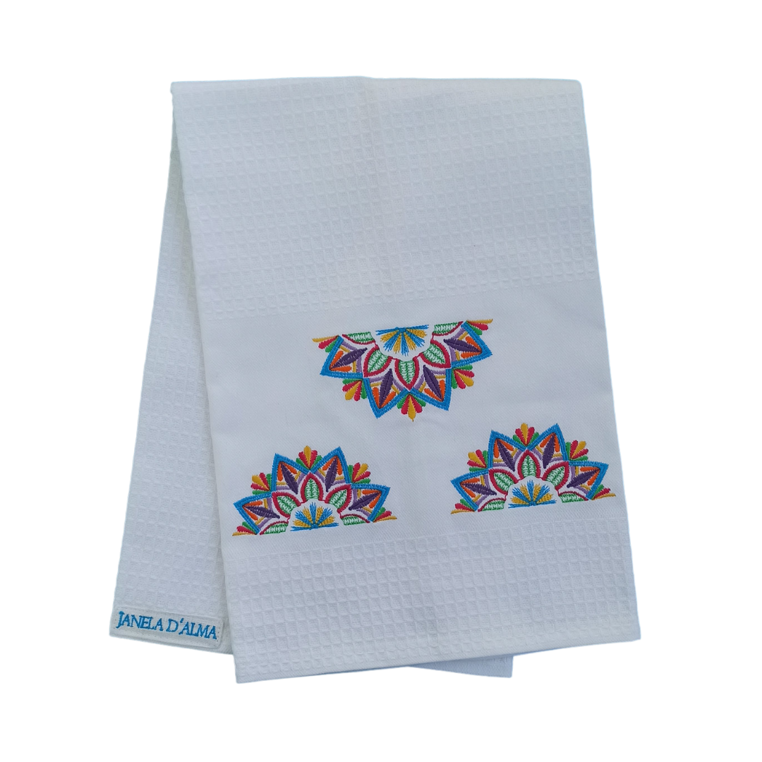 White Tea Towel with Mandala Embroidery