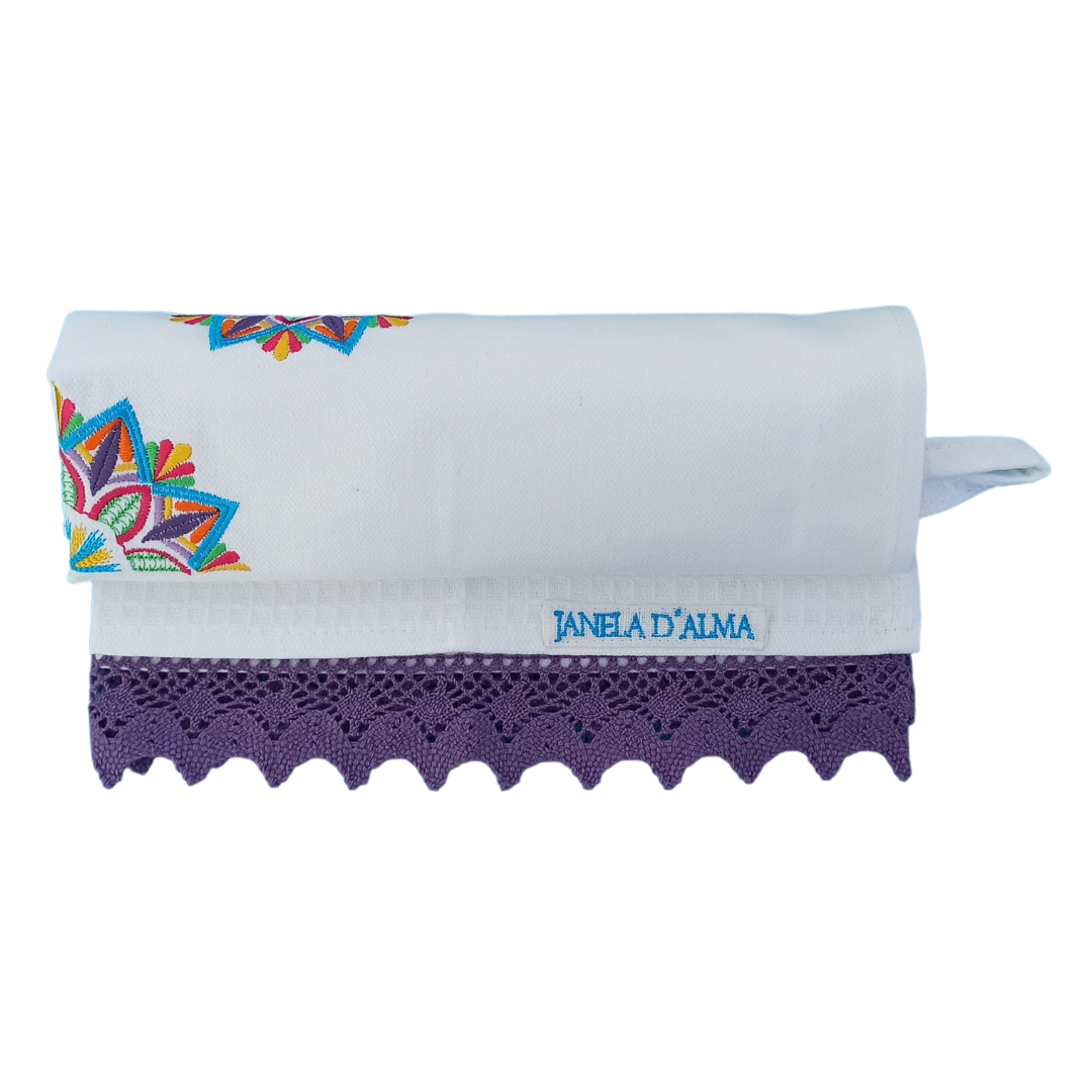 White Tea Towel with Mandala Embroidery and Lace Trim