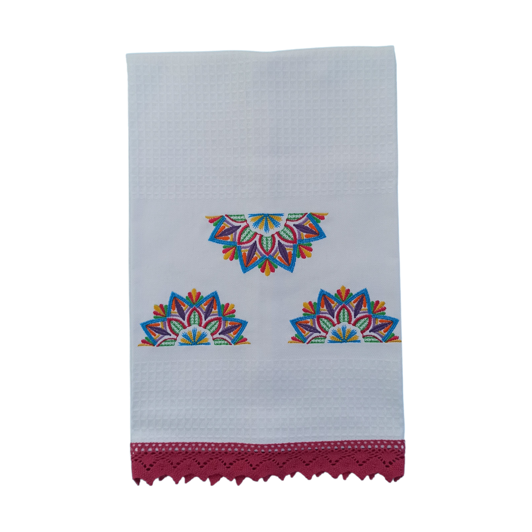 White Tea Towel with Mandala Embroidery and Lace Trim