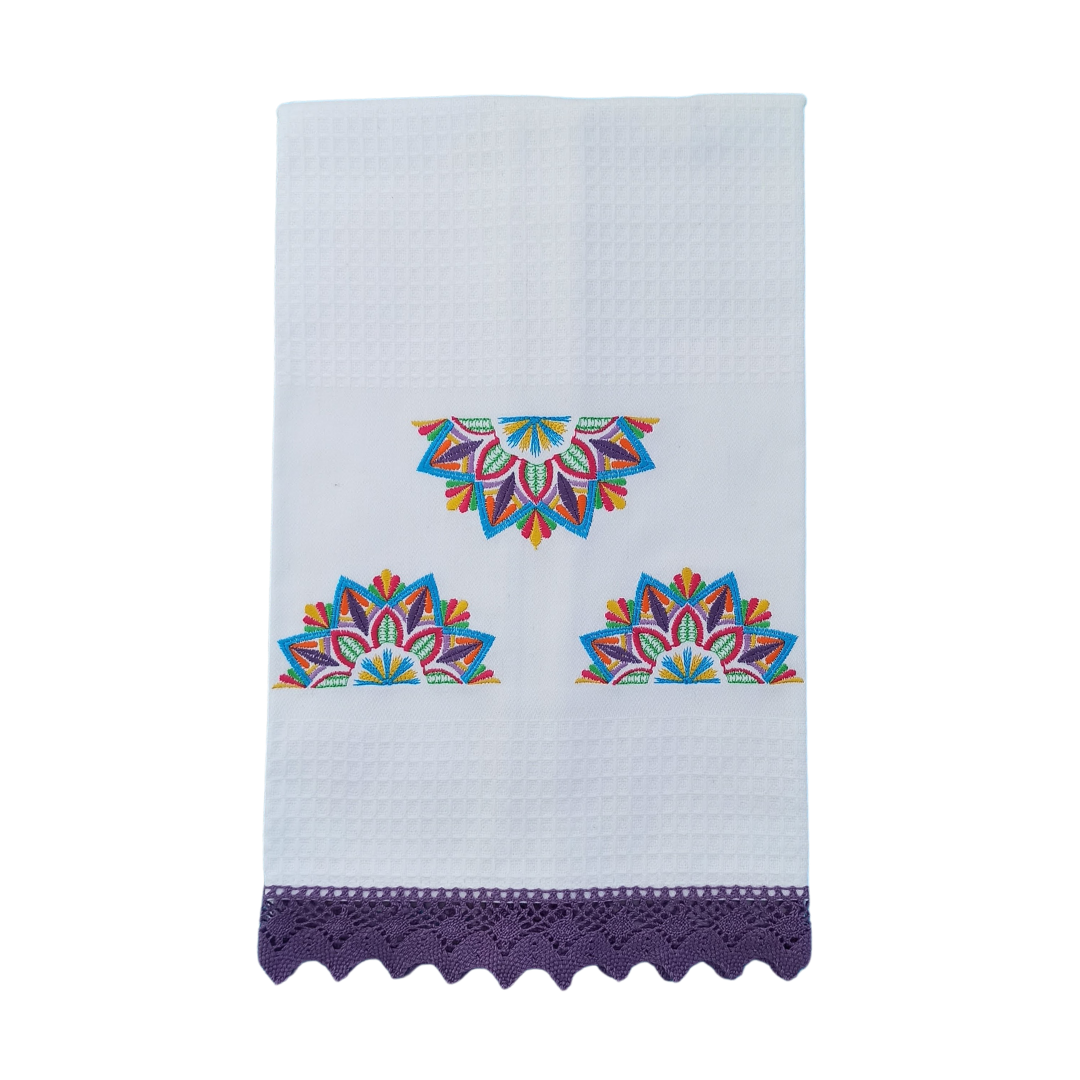 White Tea Towel with Mandala Embroidery and Lace Trim