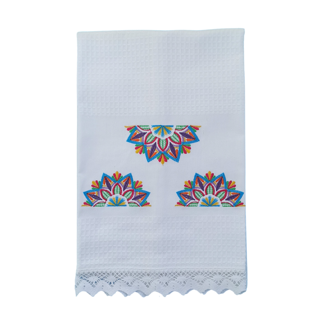 White Tea Towel with Mandala Embroidery and Lace Trim