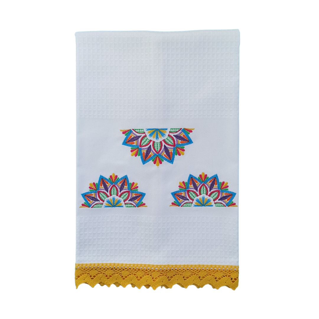 White Tea Towel with Mandala Embroidery and Lace Trim