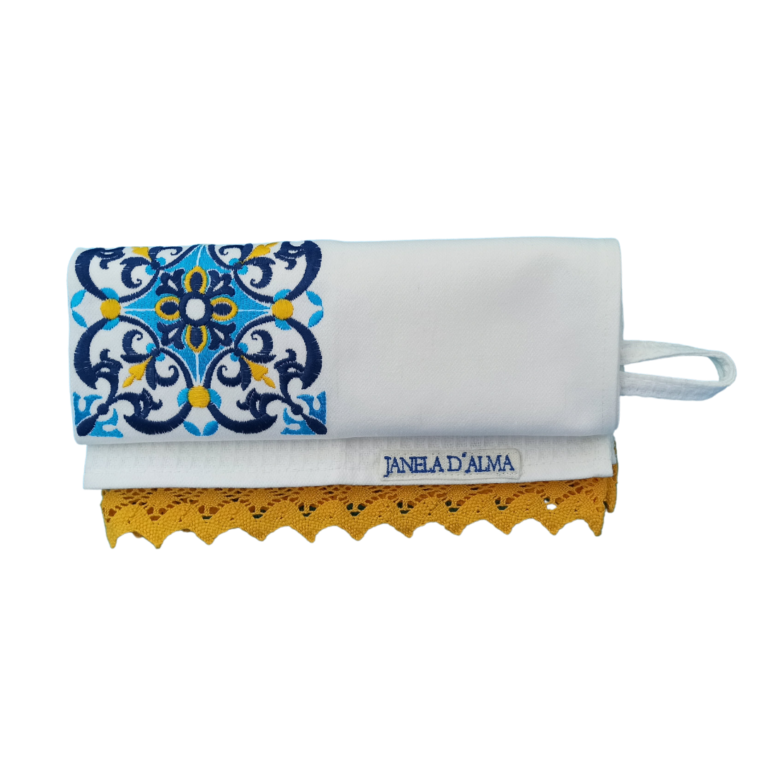White Tea Towel with Tile Embroidery and Lace Trim