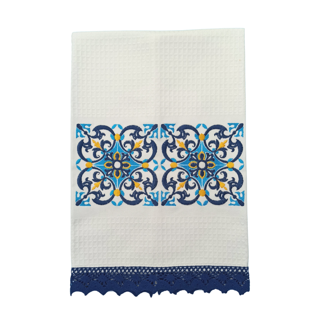 White Tea Towel with Tile Embroidery and Lace Trim