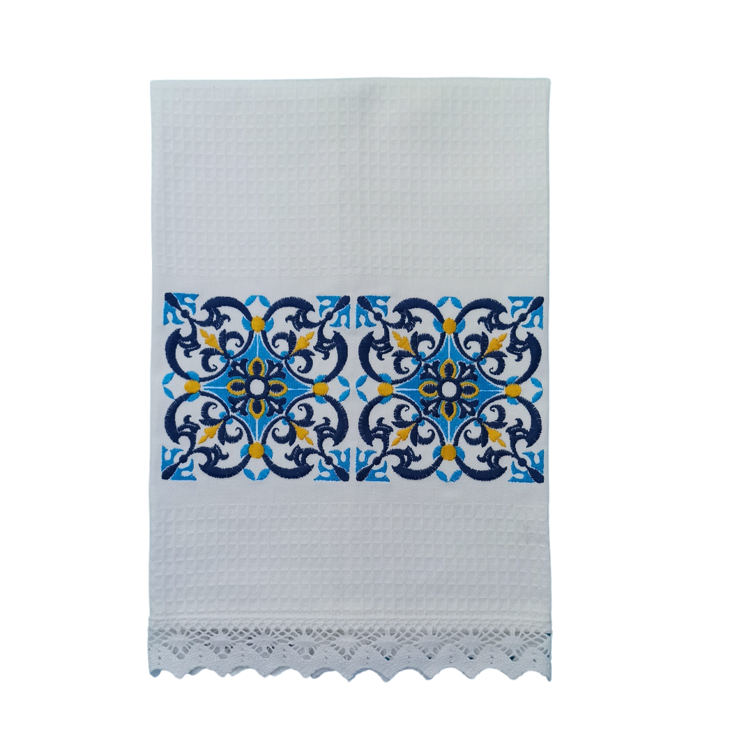 White Tea Towel with Tile Embroidery and Lace Trim