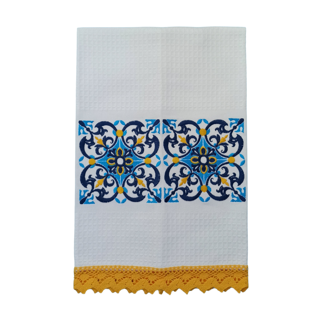 White Tea Towel with Tile Embroidery and Lace Trim