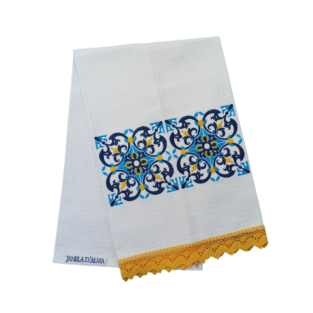 White Tea Towel with Tile Embroidery and Lace Trim