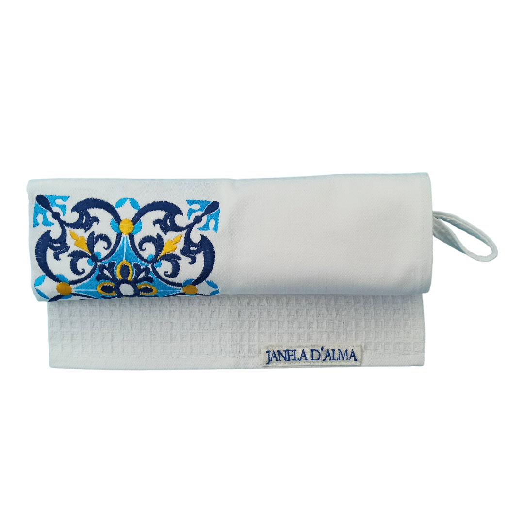 White Tea Towel with Tile Embroidery