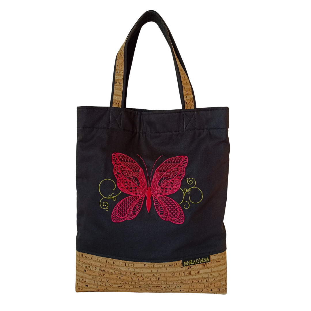 Cotton & Cork Shoulder Bag with Butterfly Embroidery