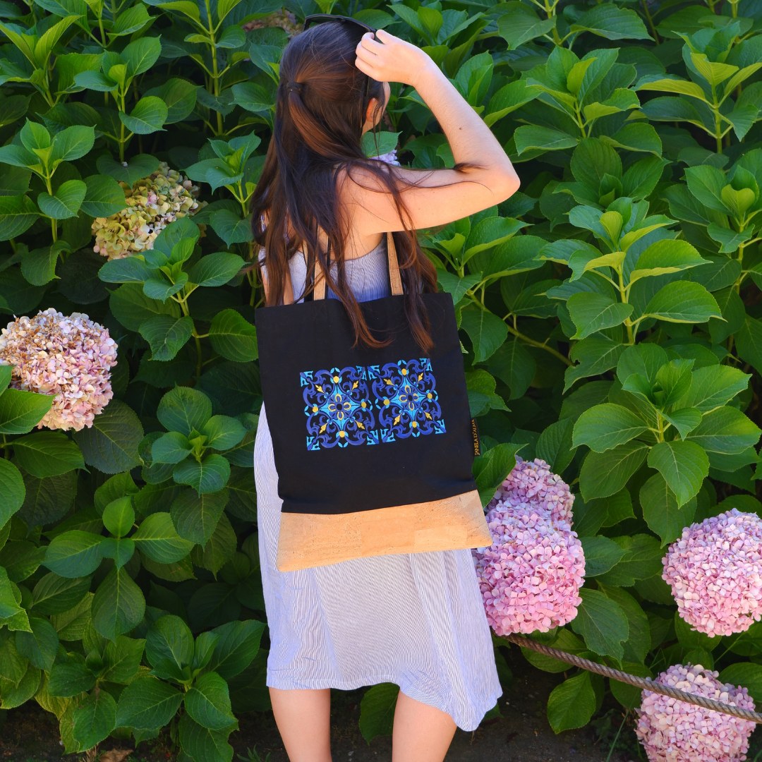Cotton & Cork Shoulder Bag with Tile Embroidery