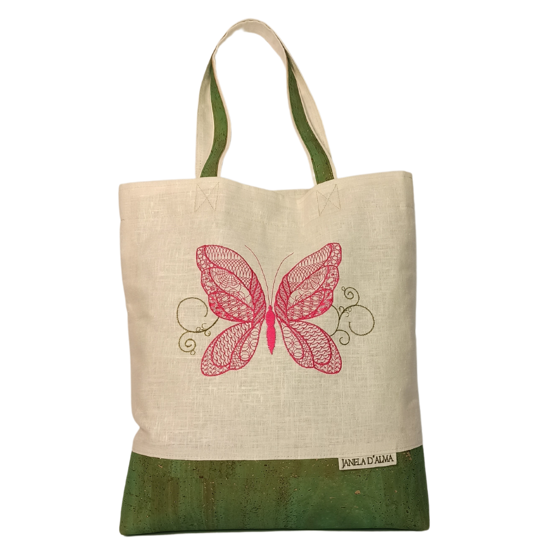 Linen & Cork Shoulder Bag with Butterfly Embroidery