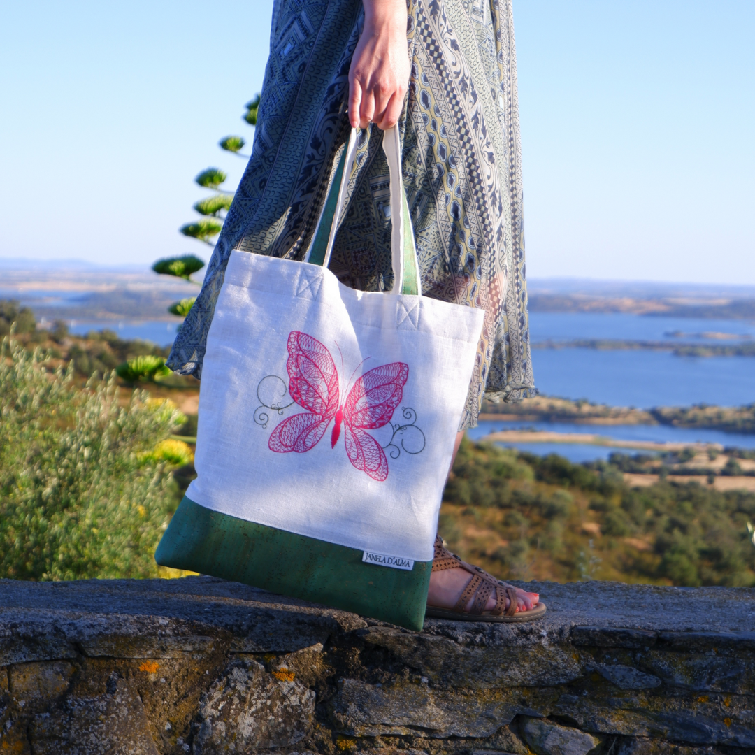 Linen & Cork Shoulder Bag with Butterfly Embroidery