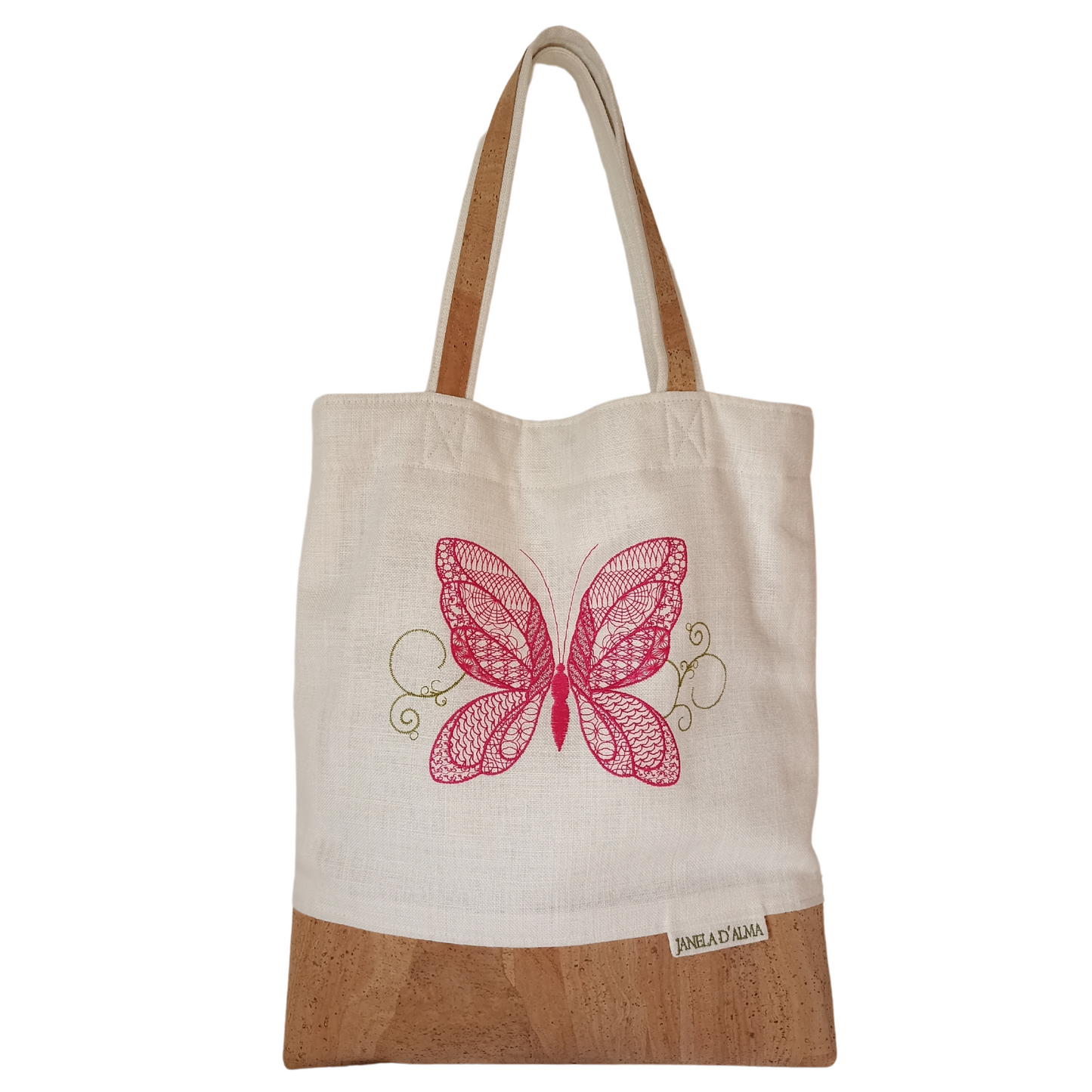 Linen & Cork Shoulder Bag with Butterfly Embroidery
