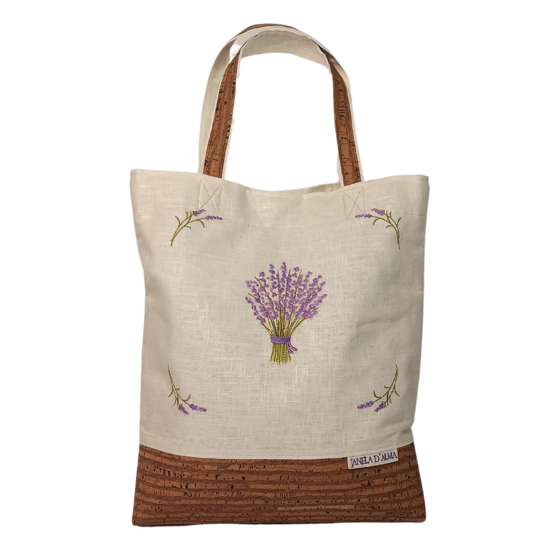 Linen & Cork Shoulder Bag with Lavender Embroidery
