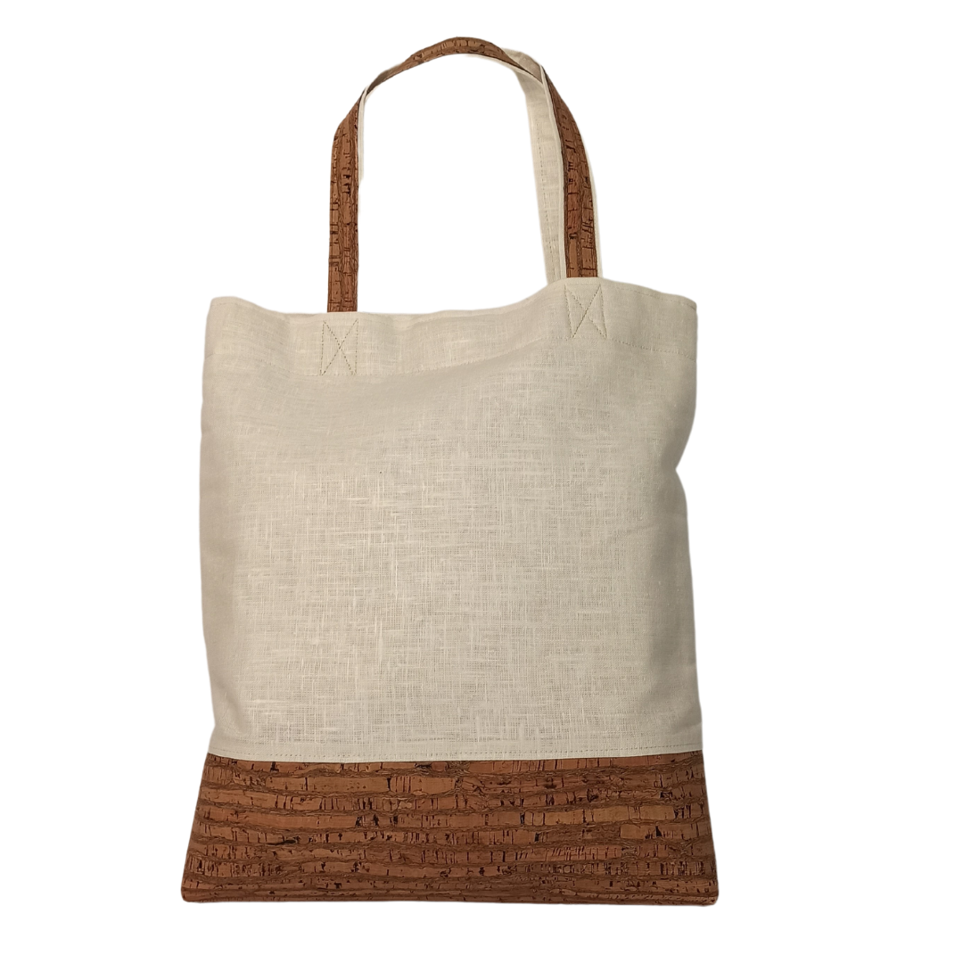 Linen & Cork Shoulder Bag with Lavender Embroidery