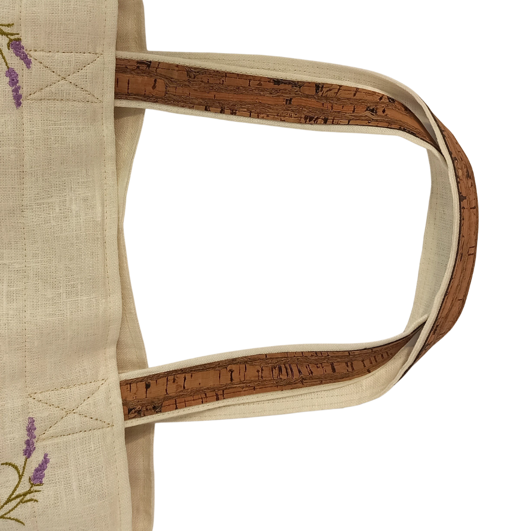 Linen & Cork Shoulder Bag with Lavender Embroidery