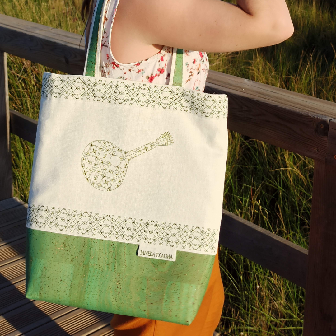 Linen & Cork Shoulder Bag with Portuguese Guitar Embroidery