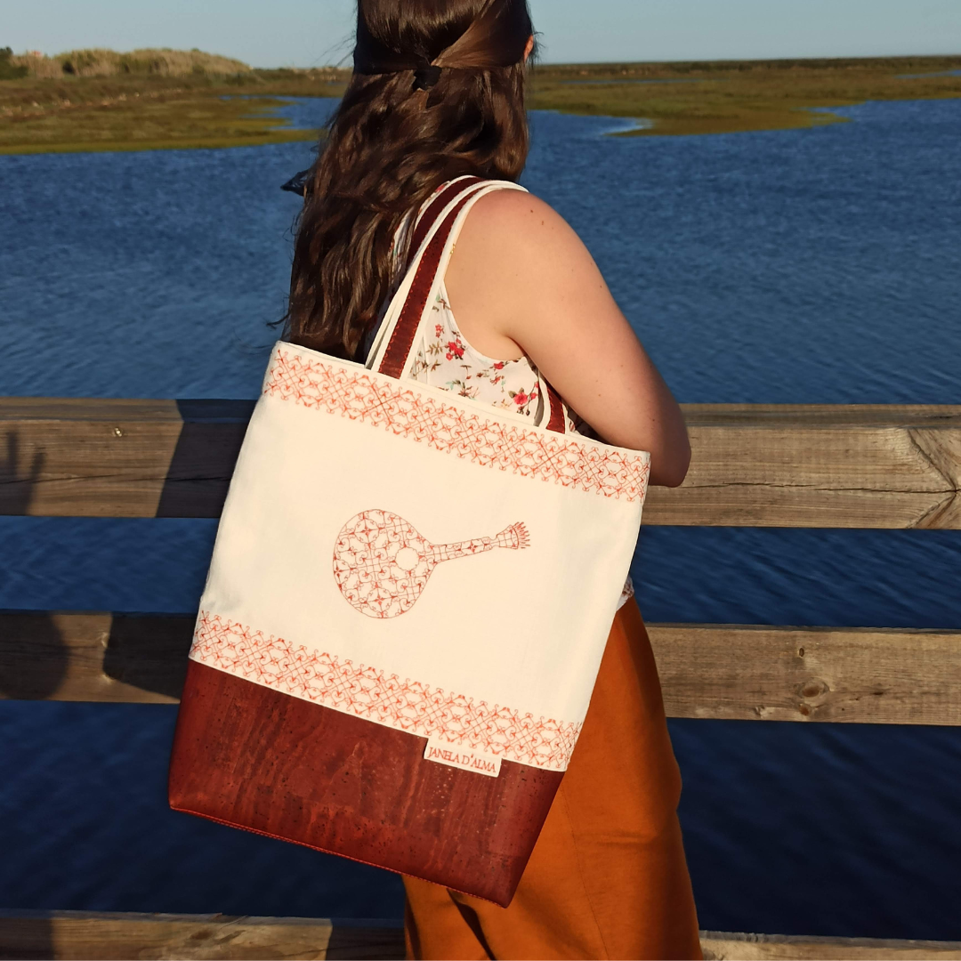 Linen & Cork Shoulder Bag with Portuguese Guitar Embroidery