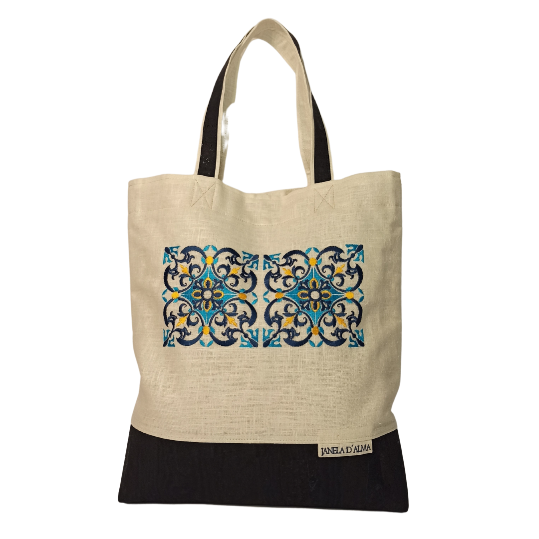 Linen & Cork Shoulder Bag with Tile Embroidery