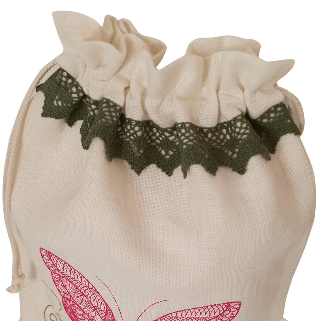Linen Bag Burtterfly - Green Lace Strip Details - 34cm x 45 cm