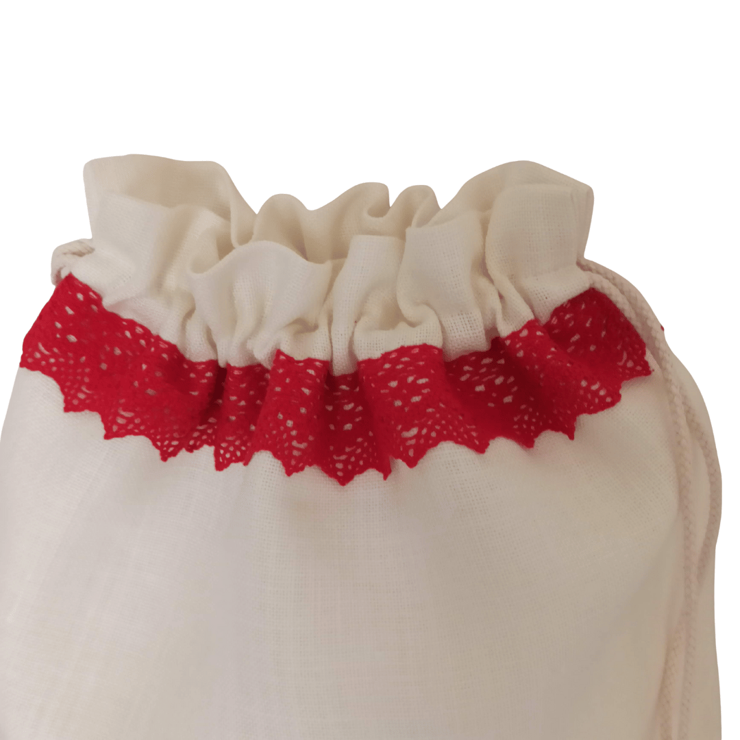 Christmas Flower Linen Bag - Red Lace Strip Details - 34cm x 45 cm