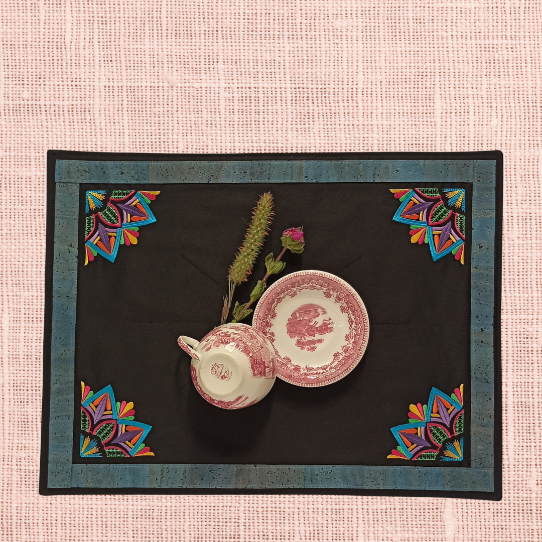 Black Placemat Mandala with Cork - Medium Blue Cork Color