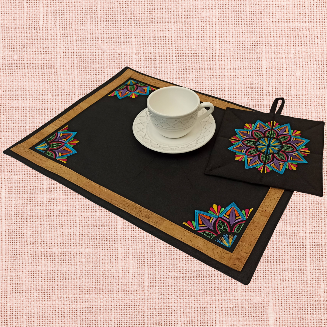 Black Placemat Mandala with Cork_ Natural Cork Color