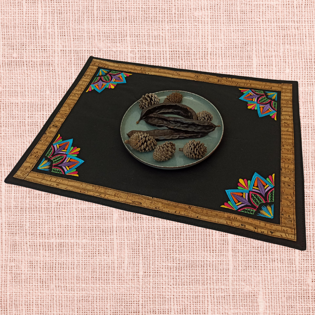 Black Placemat Mandala with Cork - Zebra Cork Color