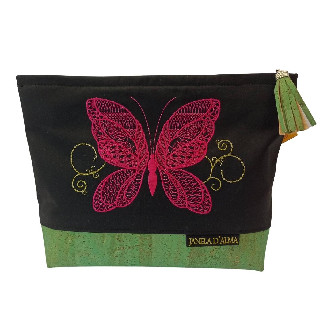 Sophisticated Clutch Bag in Cotton and Cork with Butterfly Embroidery
