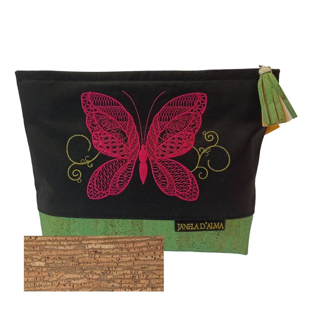 Sophisticated Clutch Bag in Cotton and Cork with Butterfly Embroidery